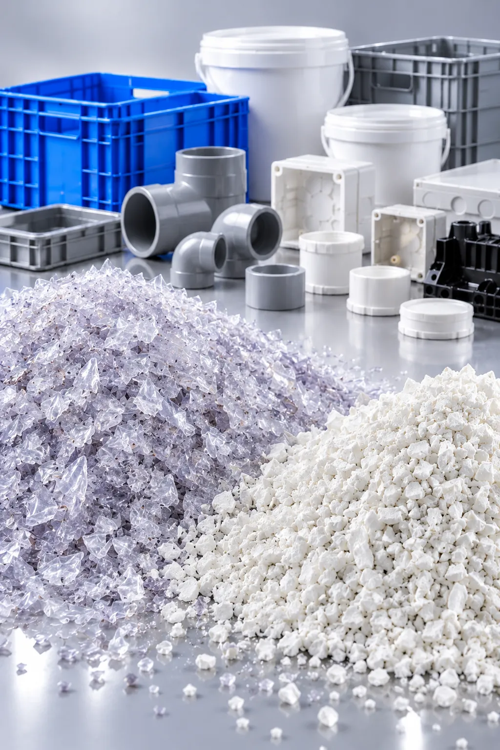Illustration of black, grey, white and blue PVC granules in front of PVC fittings, buckets and crates
