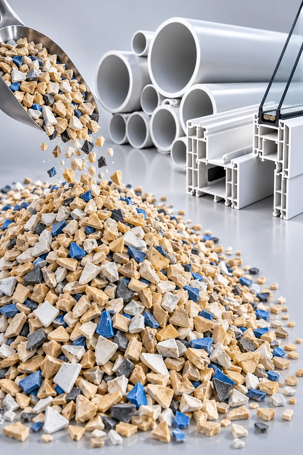 Illustration of white PVC powder poured from a scoop, with PVC pipes, window profiles and cables behind it
